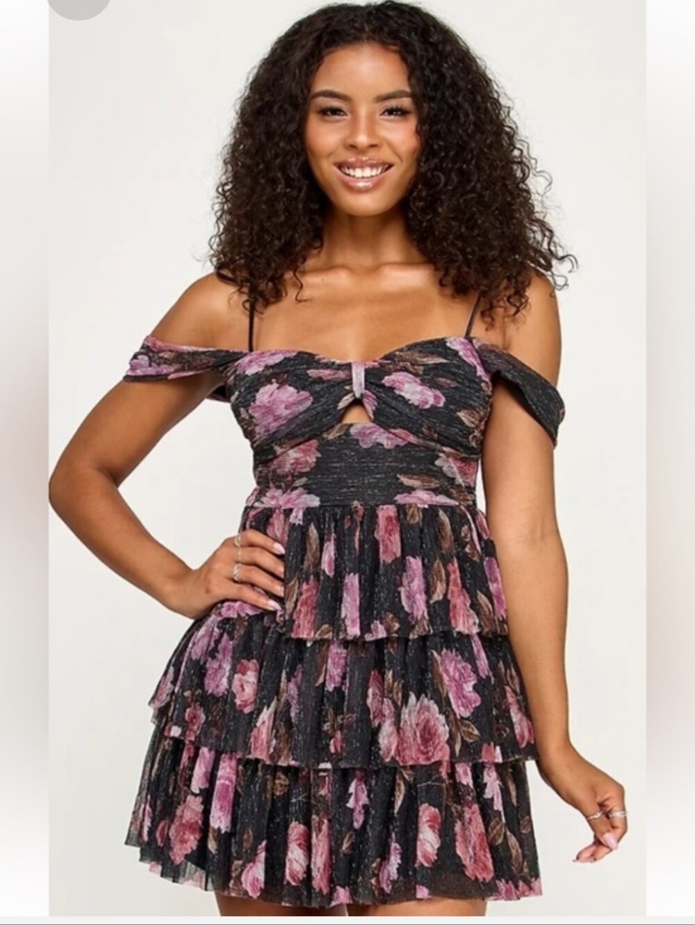 Emerald Sundae NWT Black Pink Floral Metallic Tiered Mini Dress Size S Fairycore